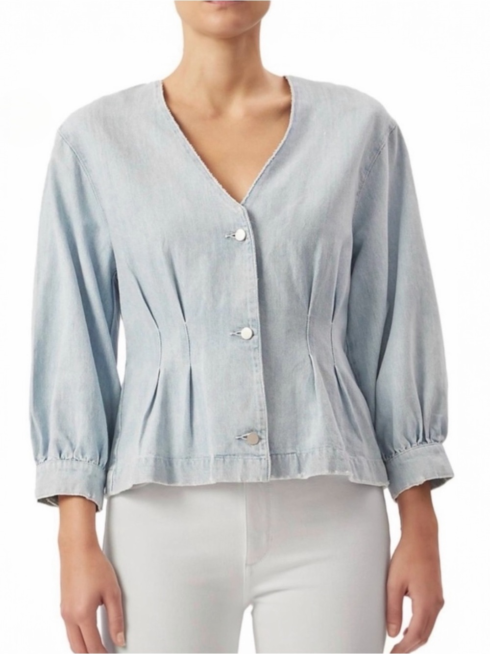 DL1961 Audrey Women’s denim peplum Fitted blouse V-neck button down Top Small
